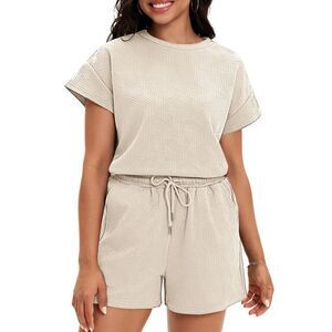Lounge Sets 2 Piece Outfits Short Sleeve Tops Drawstring Short Sets Khaki